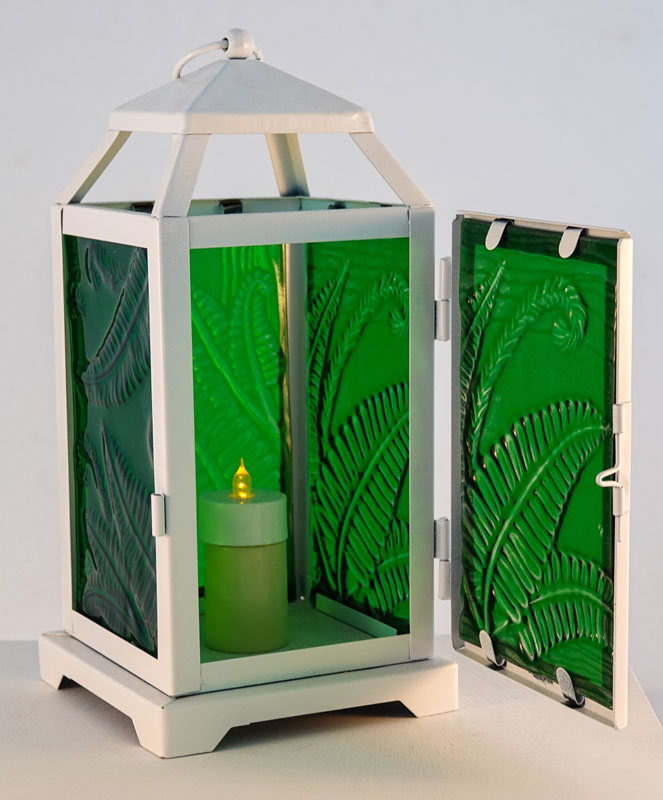 Green glass set in a White Lantern with embossed fern leaves